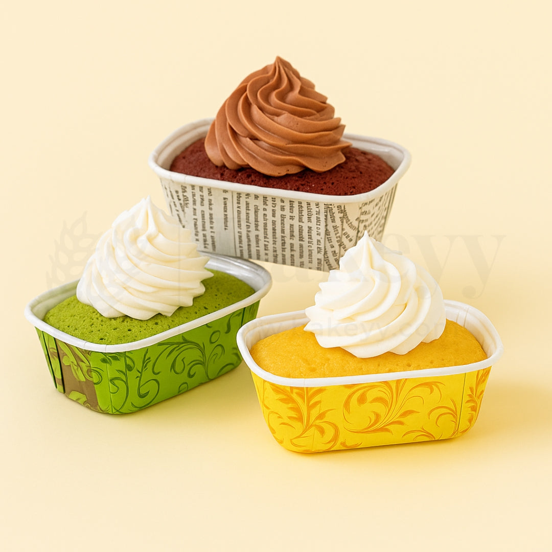 Three small containers with different colored desserts on a light yellow background