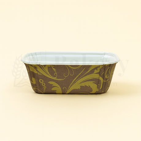 Rectangular paper container with decorative brown and green pattern on a beige background