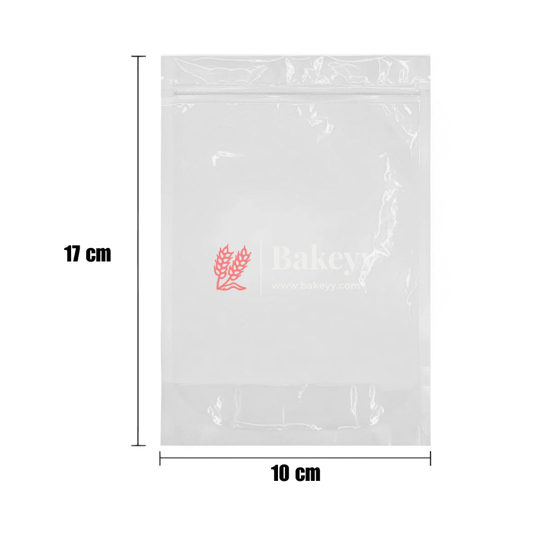 100 gm | Zip Lock Pouch | Clear Stand-up Pouch | 10x17 CM | Standing Pouch | 110 GSM | - Bakeyy.com - India - 100 gm | Zip Lock Pouch | Clear Stand-up Pouch | 10x17 CM | Standing Pouch | 110 GSM | - Pack Of 50 / 10x17 cm / 100 gm