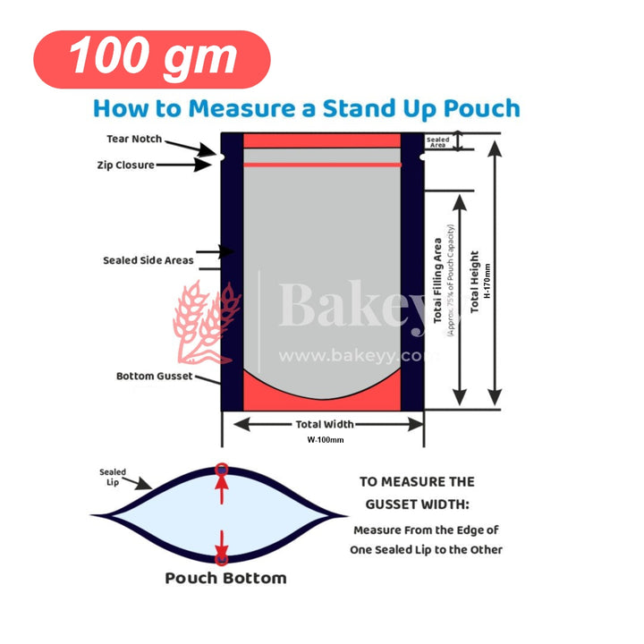 100 gm | Zip Lock Pouch | Silver Pouch With Full Window | 10x17 CM | Standing Pouch - Bakeyy.com