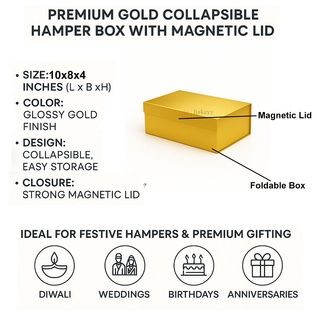 10x8x4 Inches | Premium Gold Collapsible Hamper Box with Magnetic Lid | Pack of 1