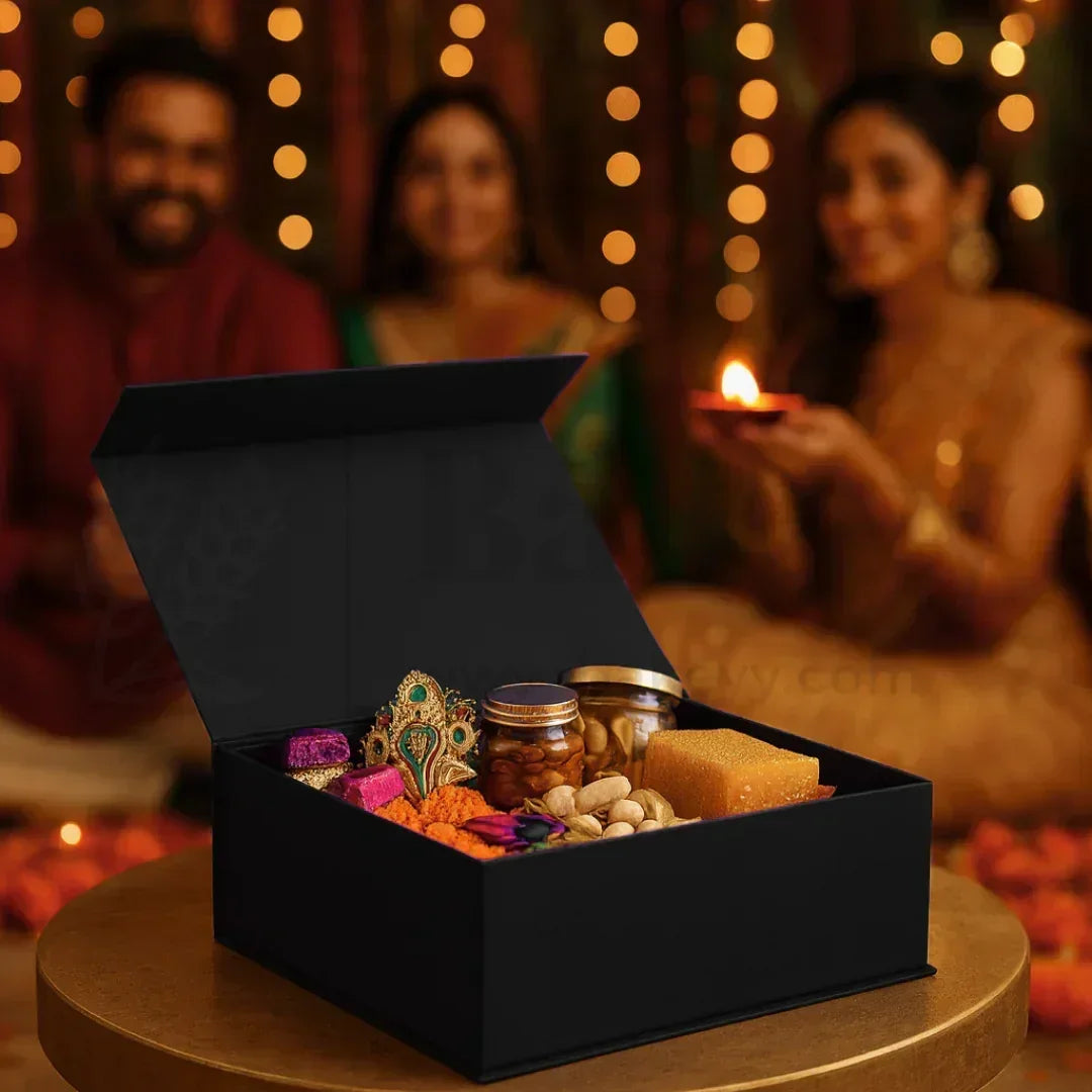 Premium Navy Blue Colour Collapsible Magnetic Lid Gift Box - Pack of 1 - Bakeyy.com - India - Premium Navy Blue Colour Collapsible Magnetic Lid Gift Box - Pack of 1 - 8x8x4 Inch