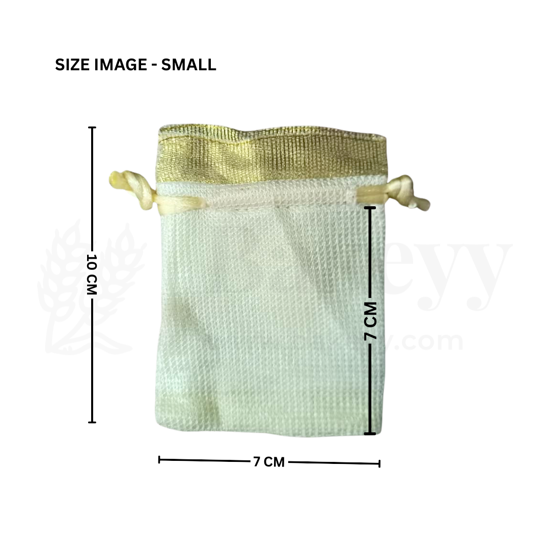 7x10 CM | Small Sized Premium Foam Jute Drawstring Pouch – Cream with Golden Top - Pack of 25