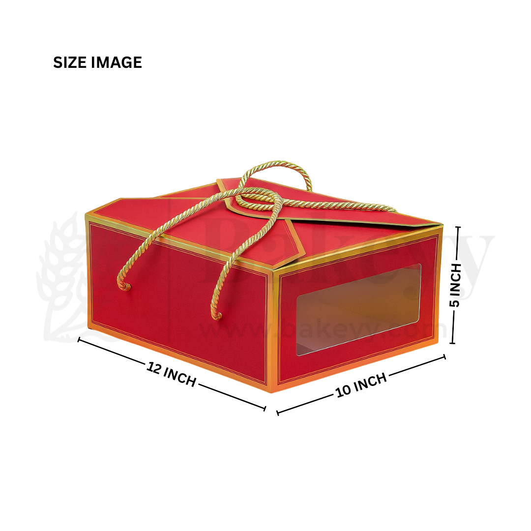 12x10x5 Inches | Premium Red Hamper Box with Window & Golden Handle Rope – Pack of 10