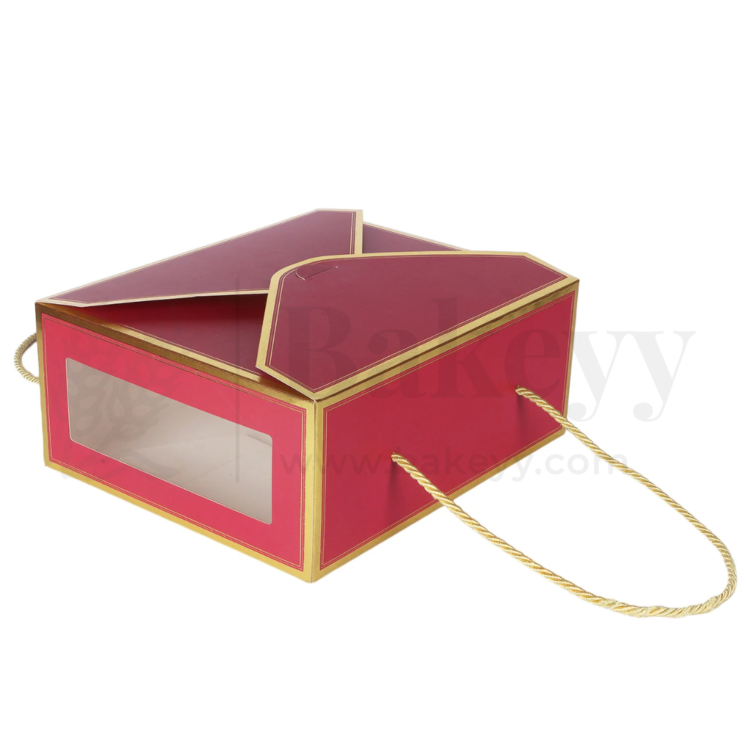 12x10x5 Inches | Premium Red Hamper Box with Window & Golden Handle Rope – Pack of 10