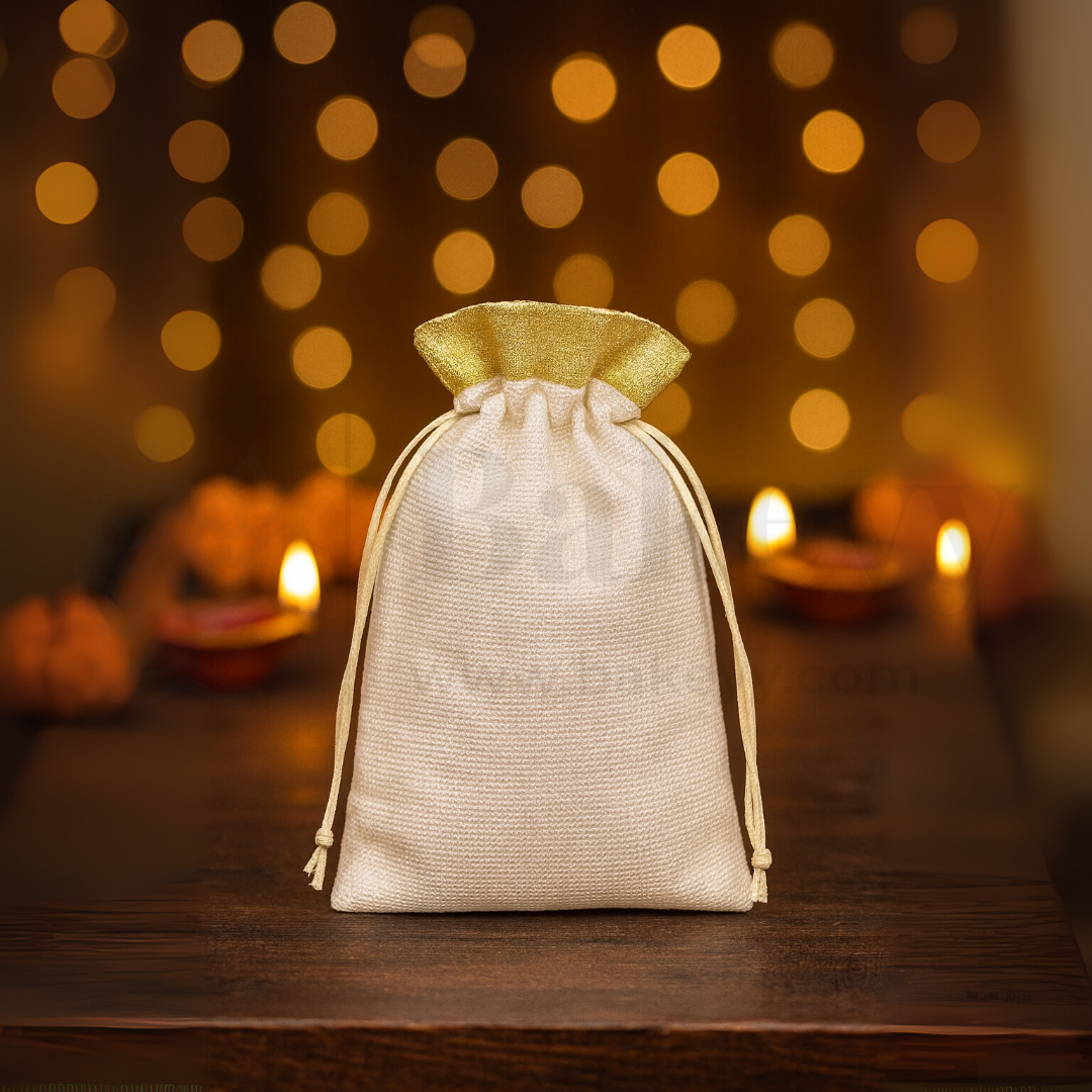 10x14 CM | Medium Sized Premium Foam Jute Drawstring Pouch – Cream with Golden Top - Pack of 25