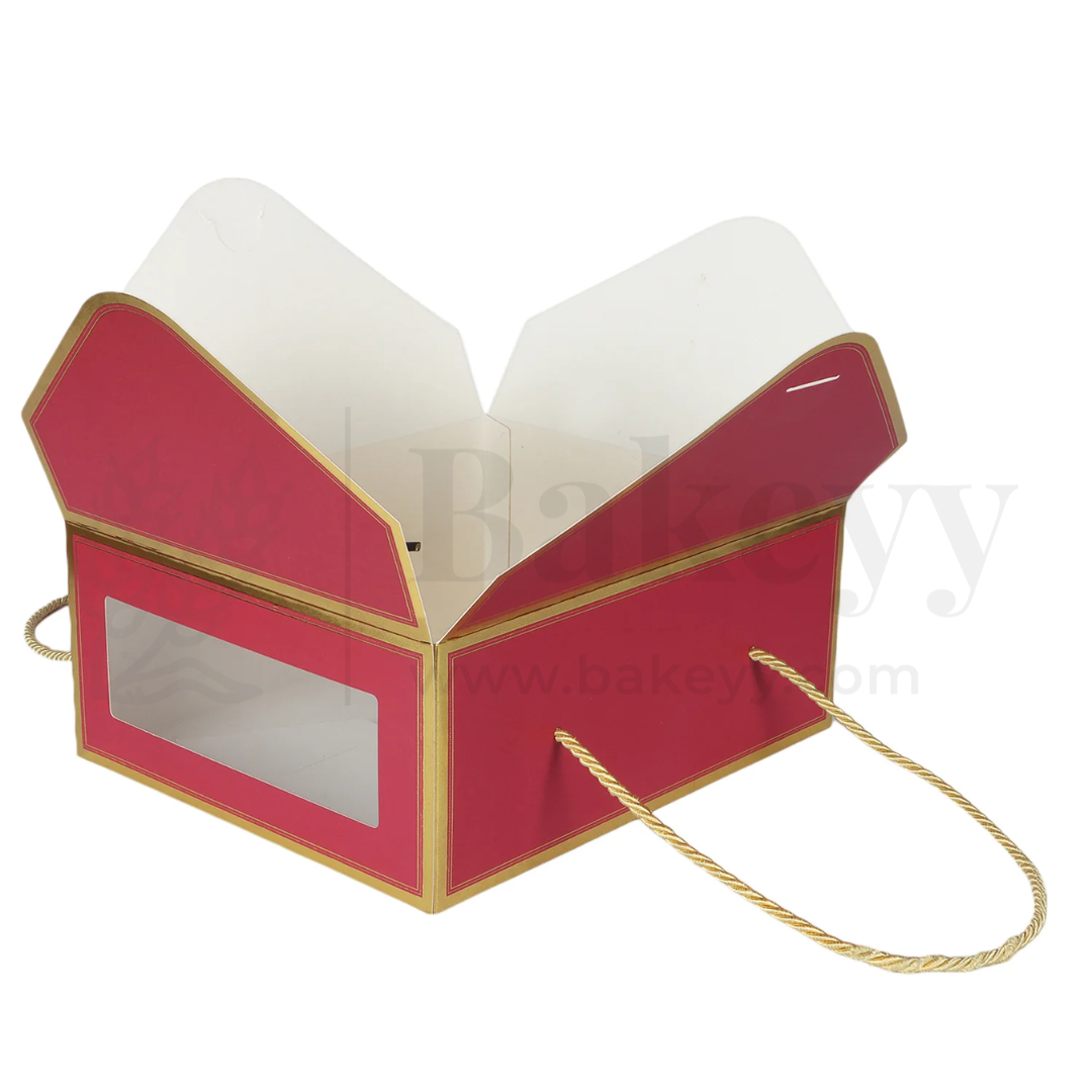 12x10x5 Inches | Premium Red Hamper Box with Window & Golden Handle Rope – Pack of 10