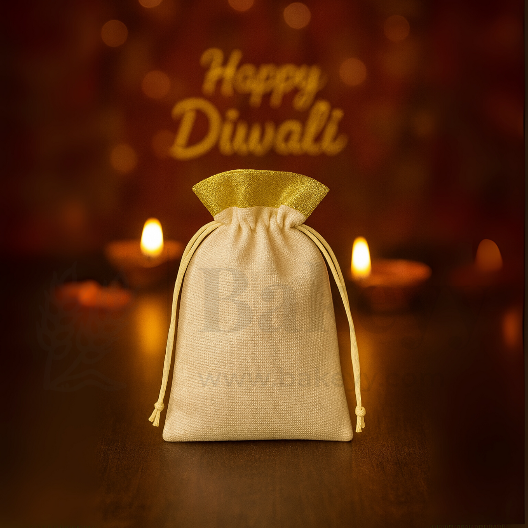 12x18 CM | Large Sized Premium Foam Jute Drawstring Pouch – Cream with Golden Top - Pack of 25