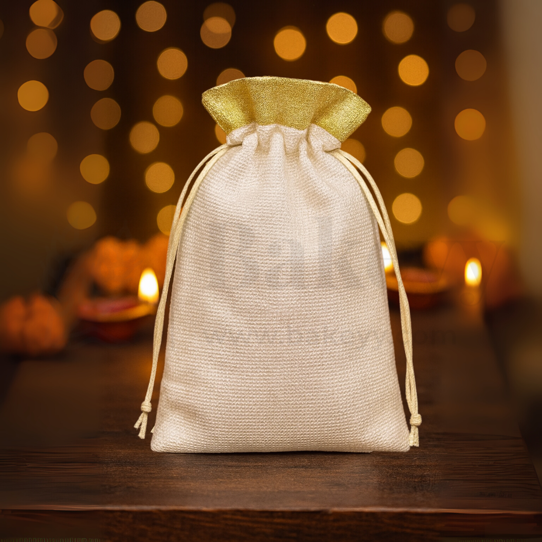 12x18 CM | Large Sized Premium Foam Jute Drawstring Pouch – Cream with Golden Top - Pack of 25