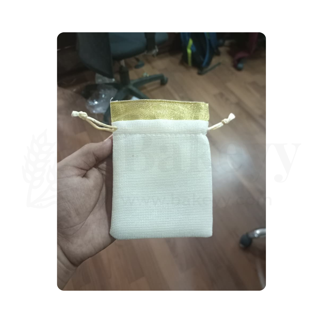7x10 CM | Small Sized Premium Foam Jute Drawstring Pouch – Cream with Golden Top - Pack of 25