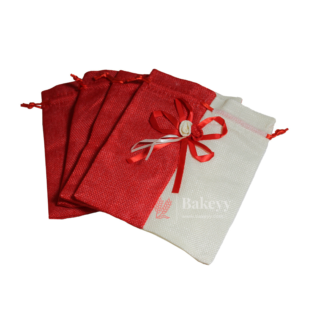 15x20cm| Red & Cream Jute Potli Bag with Floral Accent | Traditional Potli Bag | Wedding Favor Bag | Jewelry Pouch | Floral Accent Gift Bag | Pack of 10