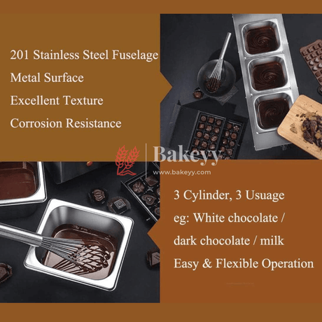 Professional 3 -Pot Chocolate Melting Machine | Dual Functionality for Effortless Dessert Creations - Bakeyy.com - India - Professional 3 -Pot Chocolate Melting Machine | Dual Functionality for Effortless Dessert Creations - Default Title