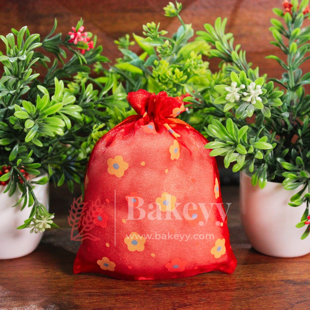 10x14 CM | Floral Designs Organza Potli Bags | Pack of 100 | Red Color | Candy Bag