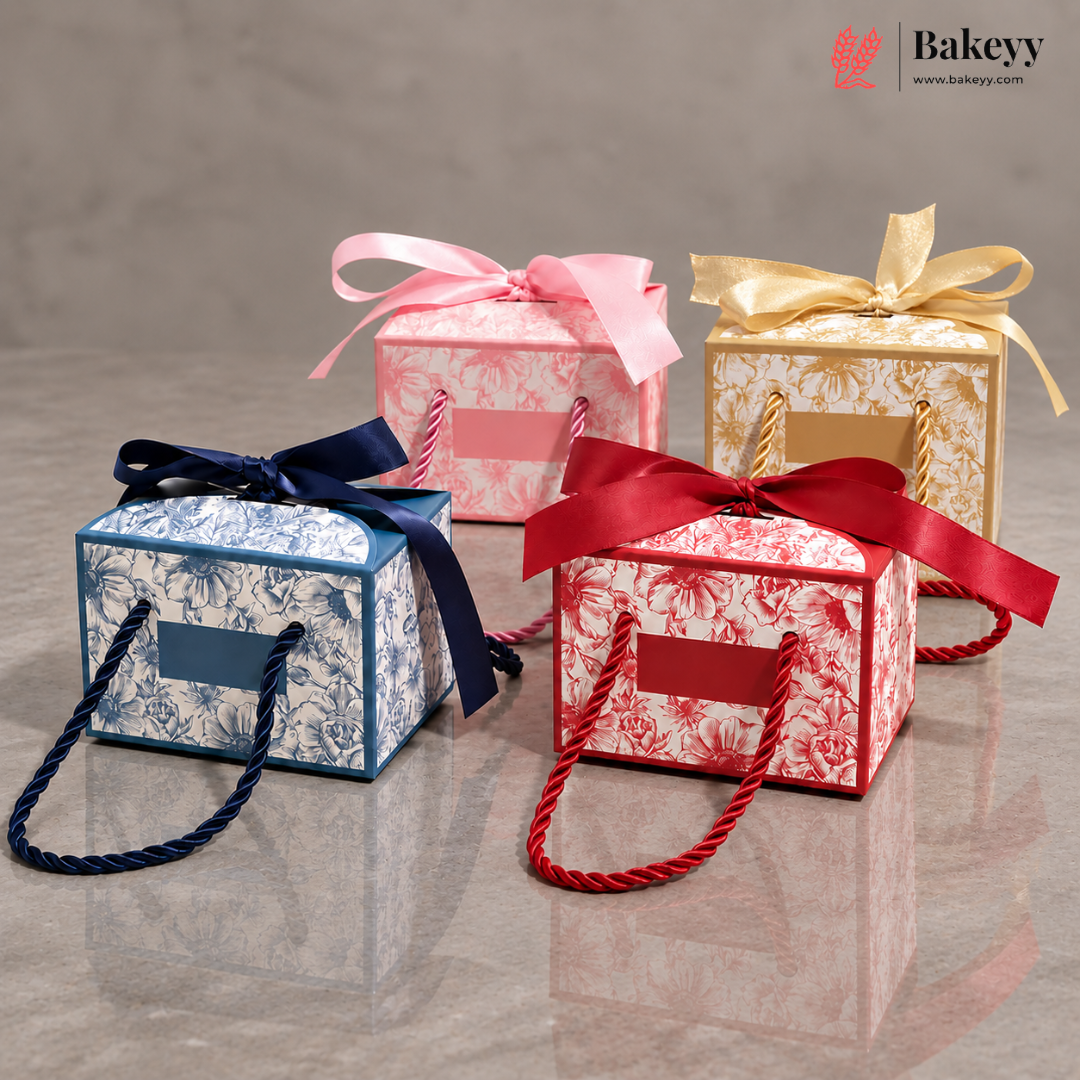 Floral Gift Box with Handle & Ribbon | 4 Colours | Pack of 10