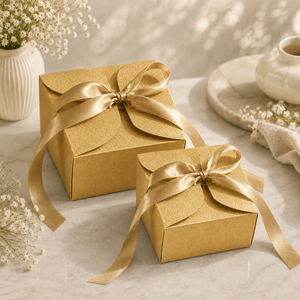 Two gold gift boxes with ribbons on a light surface with flowers and a teapot in the background.