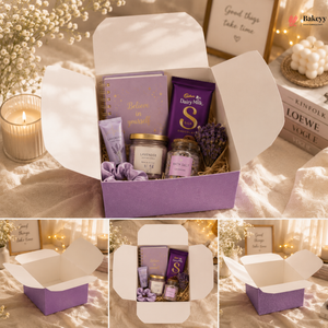 Purple gift box with various items including a book, chocolate, and candle, set against a soft, blurred background.