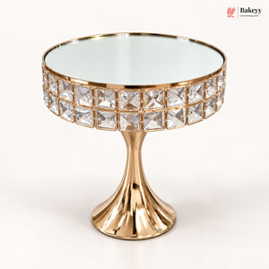 Golden Crystal Pedestal Cake Stand with Mirror Top | Pack of 1