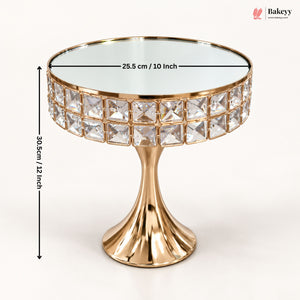 Golden Crystal Pedestal Cake Stand with Mirror Top | Pack of 1