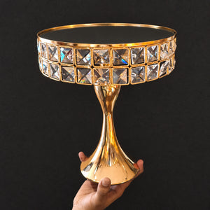 Golden Crystal Pedestal Cake Stand with Mirror Top | Pack of 1