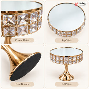 Golden Crystal Pedestal Cake Stand with Mirror Top | Pack of 1