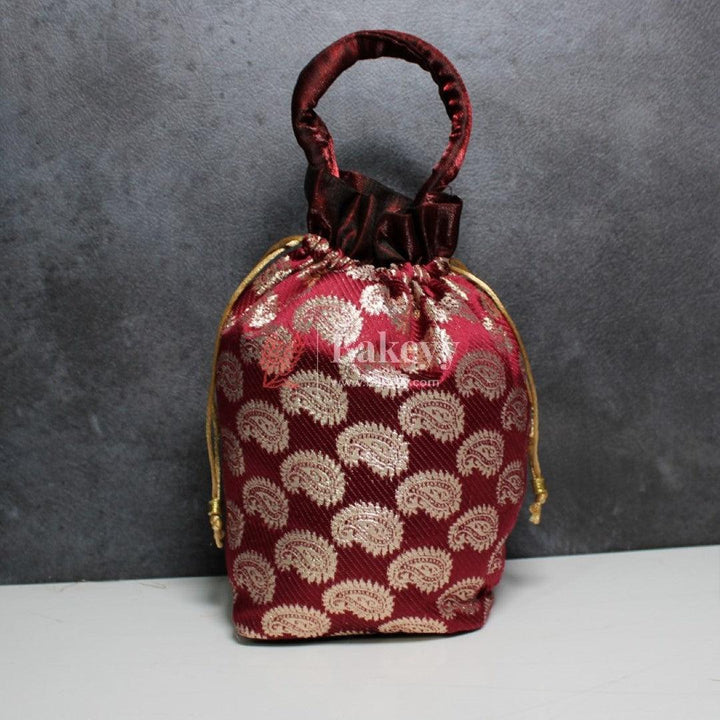 7x9 Design Potli Bag | Maroon with Silver Print | Pack Of 10 - Bakeyy.com