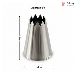 A stainless steel piping tip with dimension annotations showing a height of 3.5 cm and a star-shaped opening width of 1.