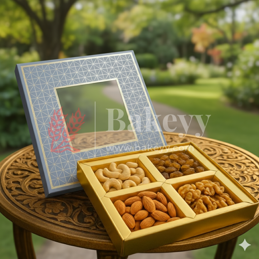 8x8x1.5 Inch | Rigid Dry Fruit Box | Elegant 4-Compartment Festive Hamper Box with Window Lid | 1 Piece