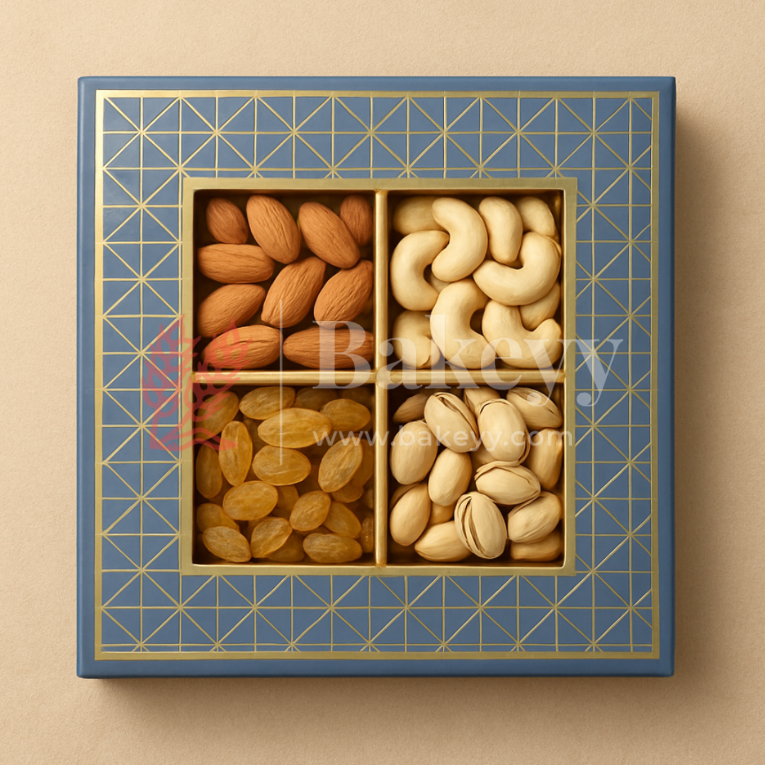 8x8x1.5 Inch | Rigid Dry Fruit Box | Elegant 4-Compartment Festive Hamper Box with Window Lid | 1 Piece