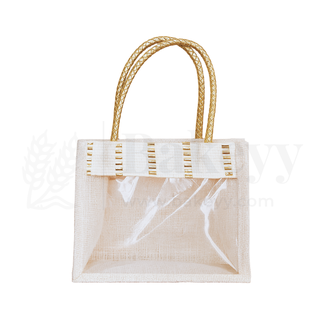 21x10x16 CM | Cream 2 Jar Ethnic Jute Gift Bag with Front Window & Golden Handle – 1 Piece