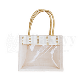 21x10x16 CM | Cream 2 Jar Ethnic Jute Gift Bag with Front Window & Golden Handle – 1 Piece
