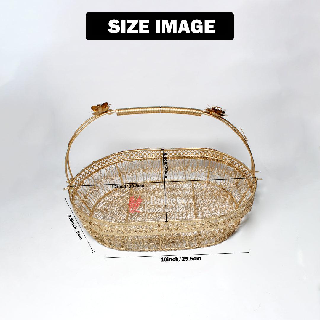 12 Inch Decorative Gold Metal Hamper Basket For Gifting Oval with Handle