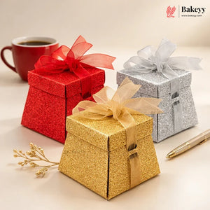 Glitter Gift Box with Ribbon | Elegant Paper Favor Box for Chocolates & Goodies | 3 Color Options | Pack of 10