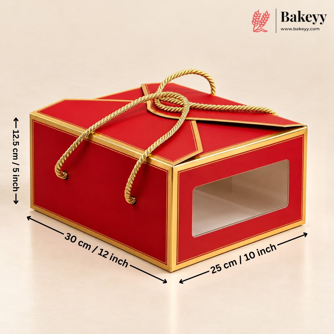 12x10x5 Inches | Premium Red Hamper Box with Window & Golden Handle Rope – Pack of 10
