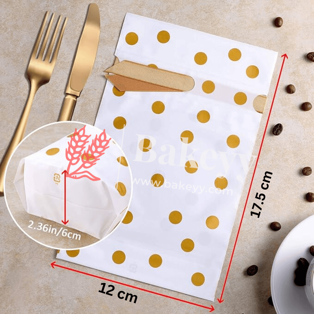 Gold Big Dots Plastic Stand Up Treat Favor Bags Gift Wrapper Bags for Candy Cookie Chocolate | Pack of 50 | - Bakeyy.com - India - Gold Big Dots Plastic Stand Up Treat Favor Bags Gift Wrapper Bags for Candy Cookie Chocolate | Pack of 50 | - Medium