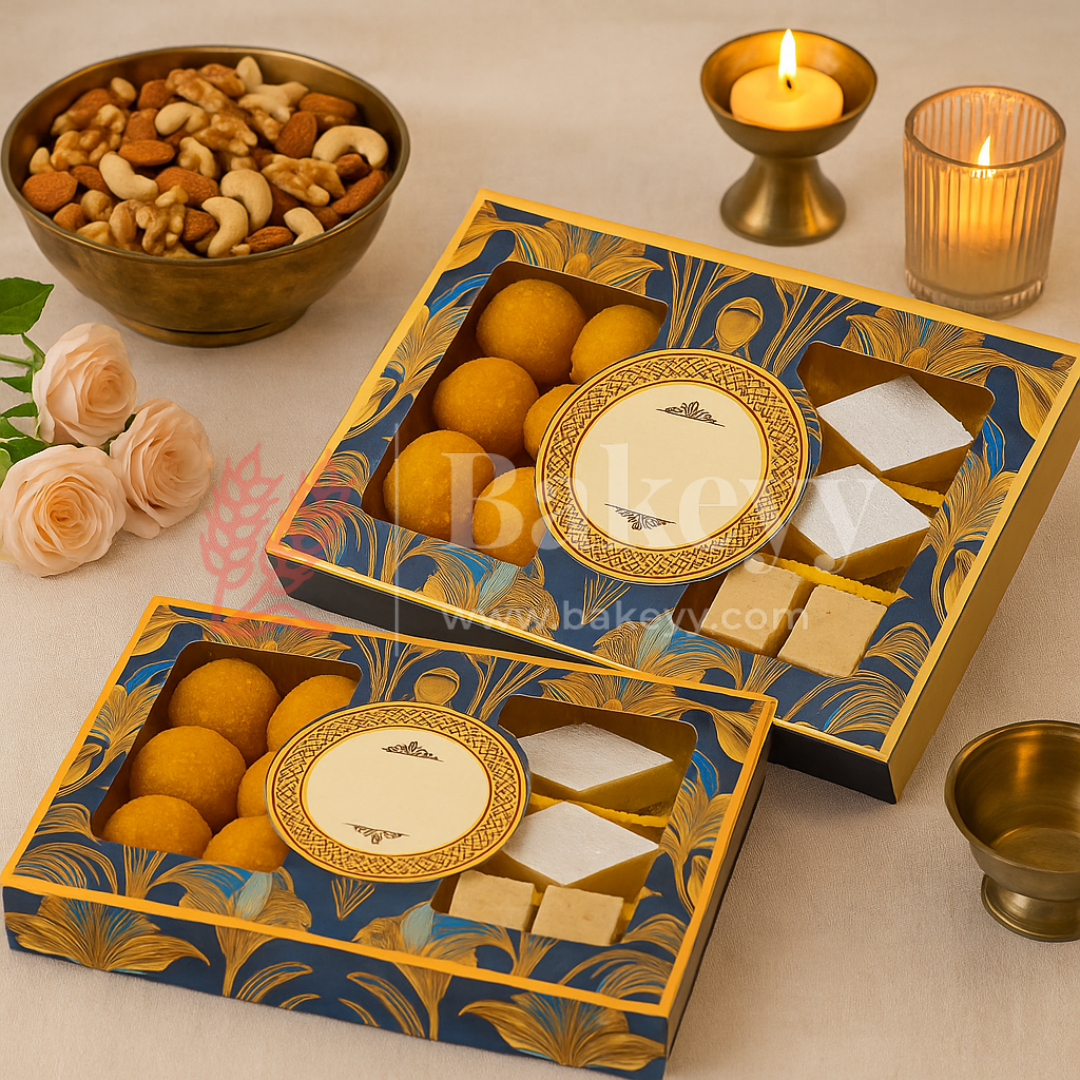 Half Kg Sweet Box | Royal Blue and Gold Sweet Box with 3 Cavity Golden tray | Pack of 10