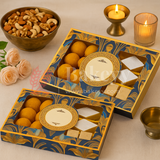 Half Kg Sweet Box | Royal Blue and Gold Sweet Box with 3 Cavity Golden tray | Pack of 10