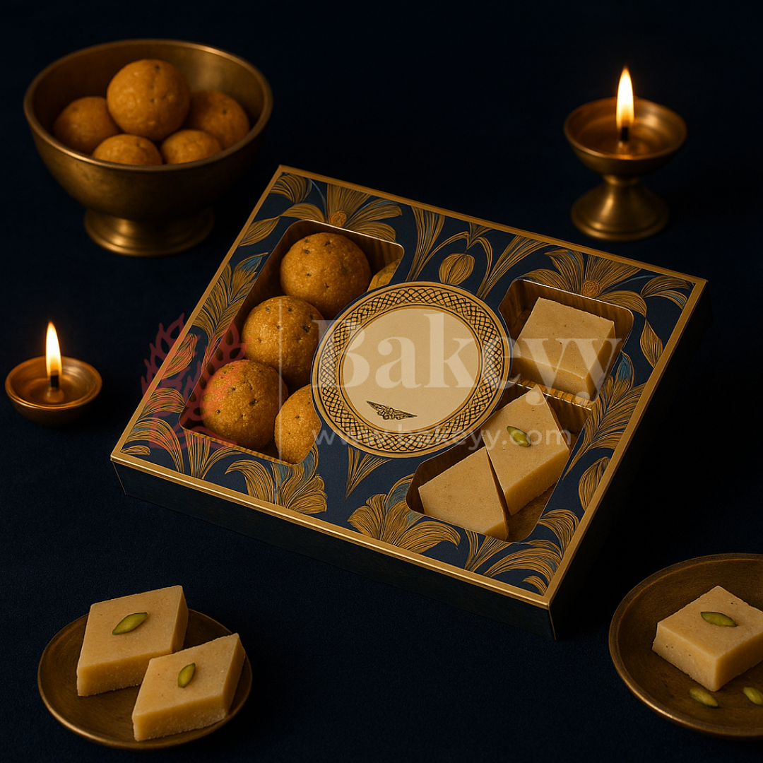 Half Kg Sweet Box | Royal Blue and Gold Sweet Box with 3 Cavity Golden tray | Pack of 10