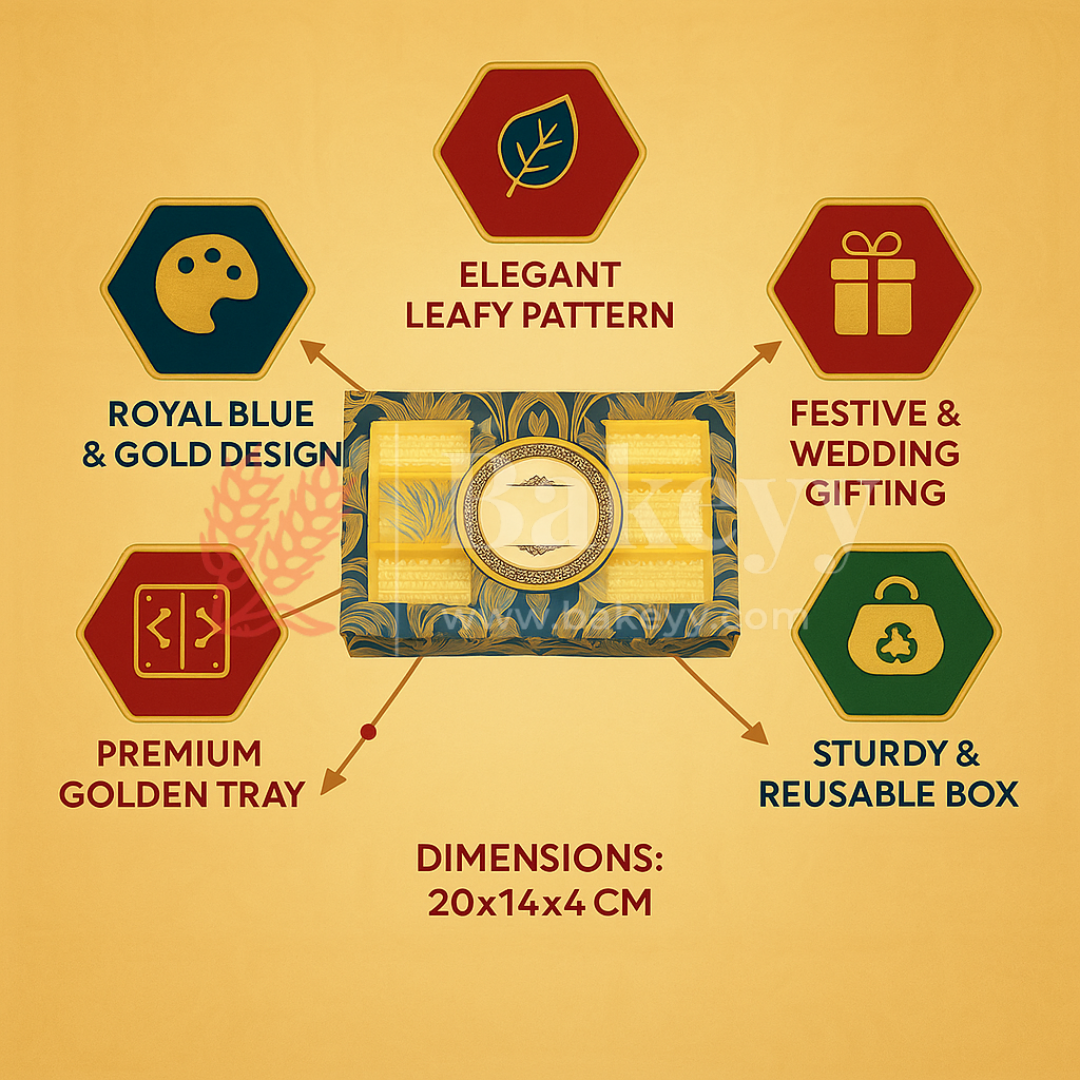 Half Kg Sweet Box | Royal Blue and Gold Sweet Box with 3 Cavity Golden tray | Pack of 10