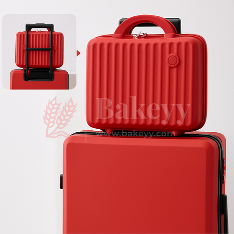Red suitcase with handle and visible 'Bakeyy' branding on a white background
