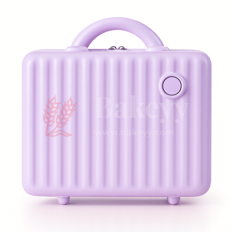 Purple suitcase with a handle and a small door on a white background