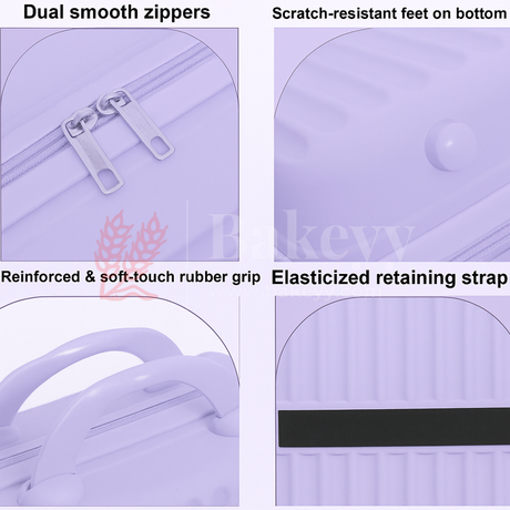 Product features with dual smooth zippers, scratch-resistant feet, reinforced soft-touch rubber grip, and elasticized retaining strap on a purple background.