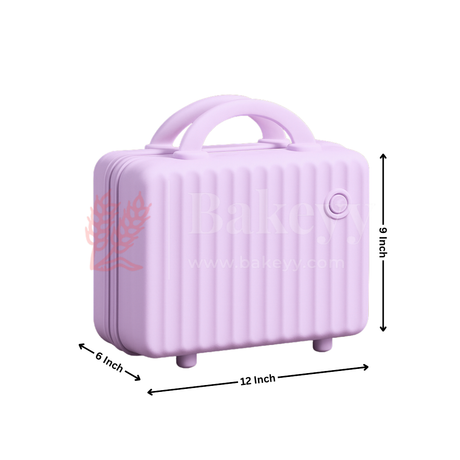 Purple suitcase with dimensions indicated on a white background