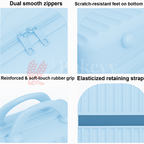 Features of a blue suitcase with text labels on a white background