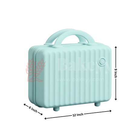 Small light blue suitcase with dimensions indicated on a white background