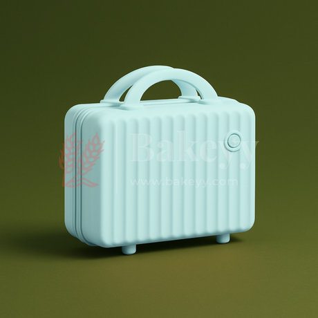 Light blue suitcase with handle on a green background