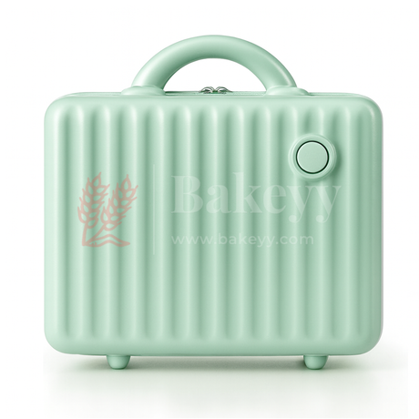 Mint green suitcase with 'Bakeyy' branding on a white background