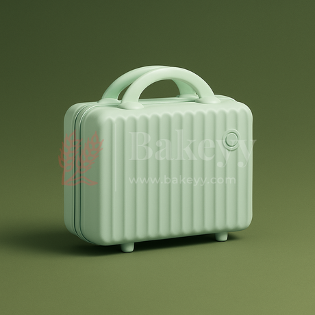 Light green suitcase with ribbed texture on a matching green background, featuring the Bakeyy brand.