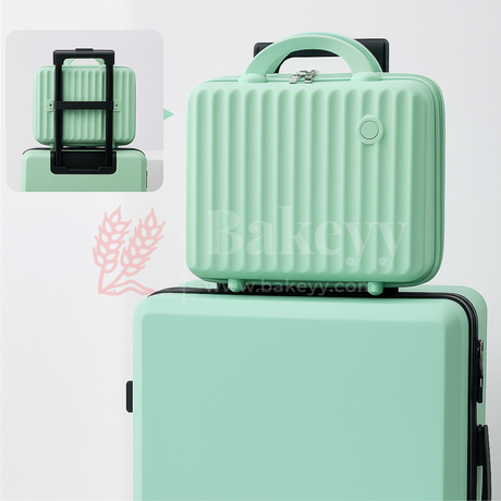 Mint green suitcase with textured top and plain bottom on a white background