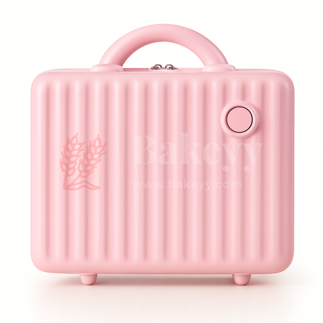 Pink textured suitcase with a handle on a white background