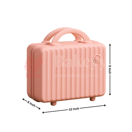 Pink suitcase with dimensions on a white background